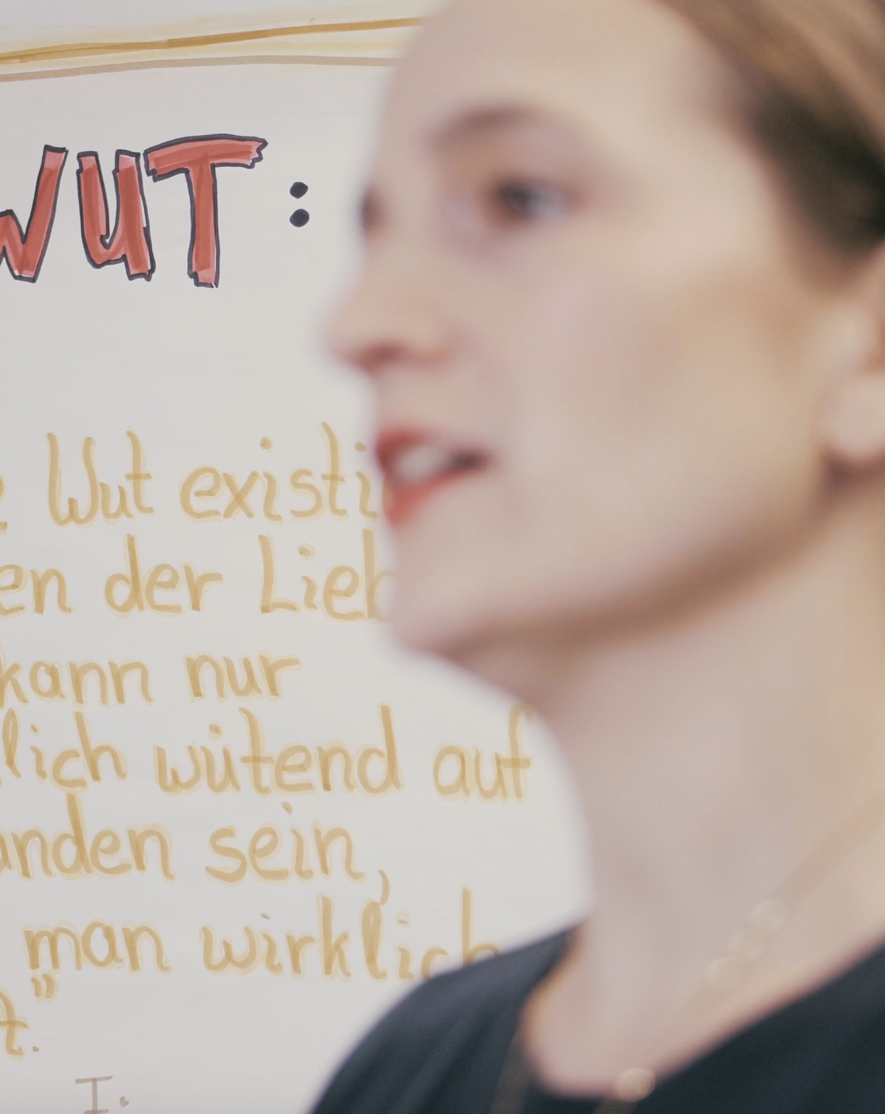 Wer Du Warst Gründerin Carina Fritz ist verschwommen im Vordergrund zu erkennen während die Kamera scharf auf den Hintergrund gestellt ist dort steht ein Flipchart auf dem groß WUT zu lesen ist und dann das Zitat: Die Wut existiert neben der Liebe. Man kann nur wirklich wütend auf jemanden sein, den man wirklich liebt.