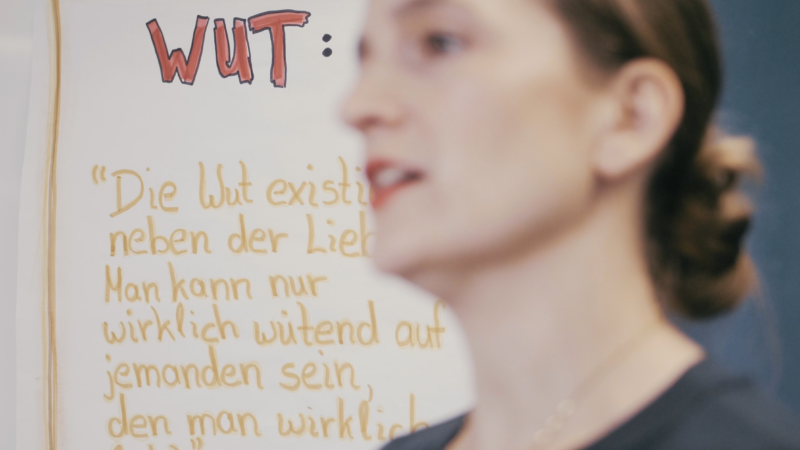 Weiterbildung für Trauerrednerinnen Wer Du Warst Gründerin Carina Fritz ist verschwommen im Vordergrund zu erkennen während die Kamera scharf auf den Hintergrund gestellt ist dort steht ein Flipchart auf dem groß WUT zu lesen ist und dann das Zitat: Die Wut existiert neben der Liebe. Man kann nur wirklich wütend auf jemanden sein, den man wirklich liebt.