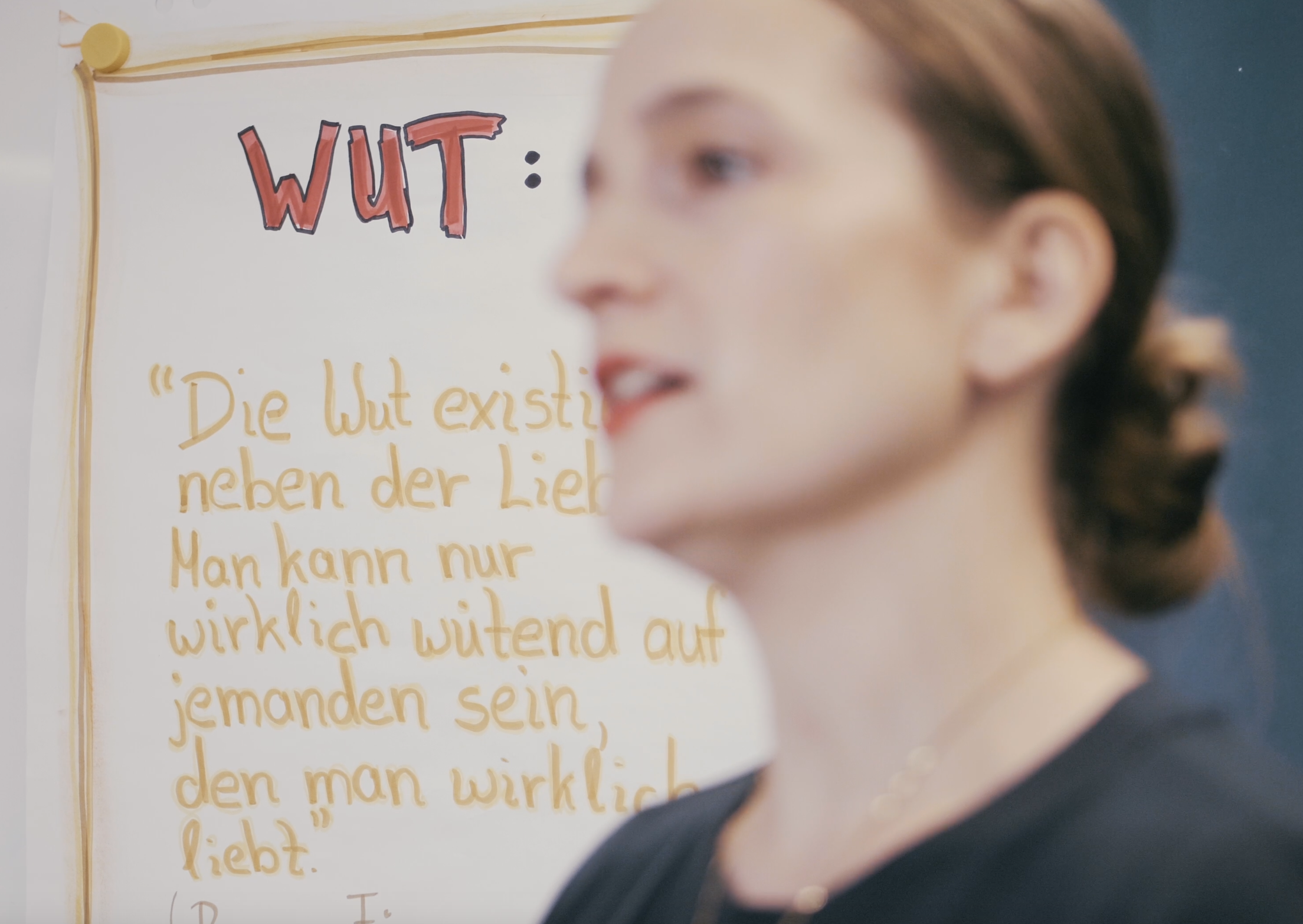 Weiterbildung für Trauerrednerinnen Wer Du Warst Gründerin Carina Fritz ist verschwommen im Vordergrund zu erkennen während die Kamera scharf auf den Hintergrund gestellt ist dort steht ein Flipchart auf dem groß WUT zu lesen ist und dann das Zitat: Die Wut existiert neben der Liebe. Man kann nur wirklich wütend auf jemanden sein, den man wirklich liebt.